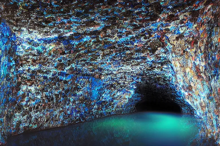 Prompt: black opal cave, photo, photograph, realistic, light reflecting, caustics, reflective water puddles,