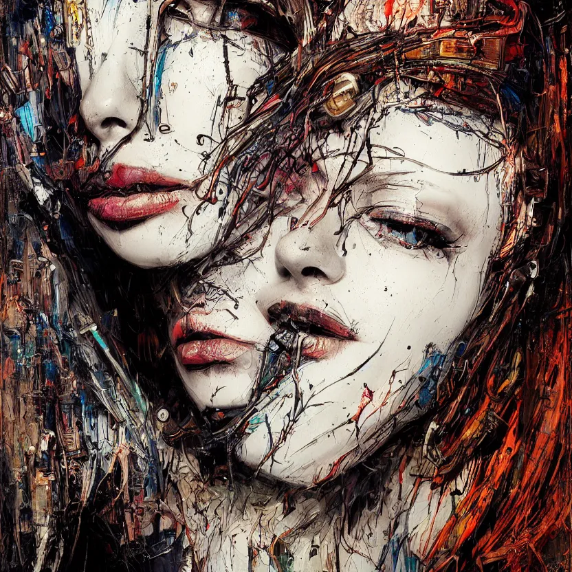 Prompt: sexy beautiful girl head made of mech mask rendered in unreal engine, cyberpunk, dark scifi, painted by david burliuk bernard buffet | carne griffiths | wlop