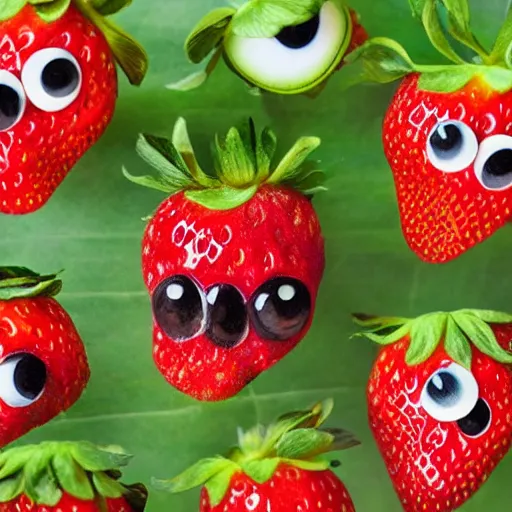 Prompt: strawberry creature with multiple eyes