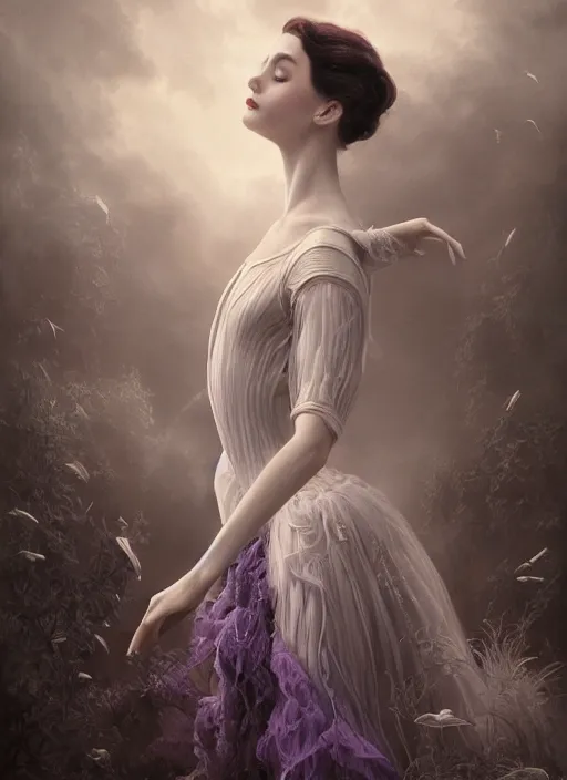 Image similar to picture generation, soft painting curiosities carnival, beautiful prima ballerina in full long dress, accurate features, focus, very intricate ultrafine details, black white purple volumetric clouds, award winning masterpiece, octane render 8 k hd, tom bagshaw artstyle