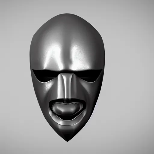 Image similar to concept design for a solid plate featureless metallic mask, 3 d render, volumetric lighting, unreal engine