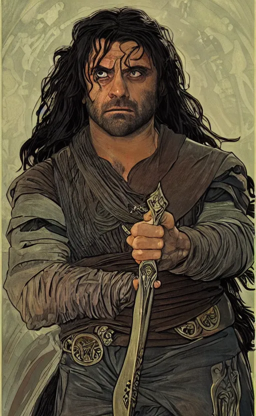 Image similar to oscar isaac as conan the barbarian, portrait, dark atmosphere, high fantasy, illustration, style of alphonse mucha