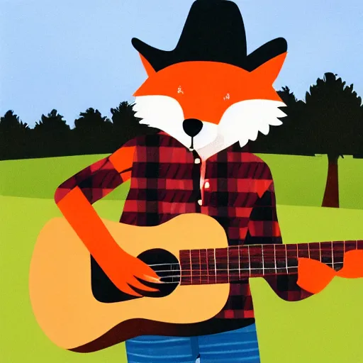 Image similar to a female fluffy anthropomorphic fox animal, head of fox, wearing cowboy hat, wearing plaid shirt, playing guitar, in a field, barn in background, album cover style