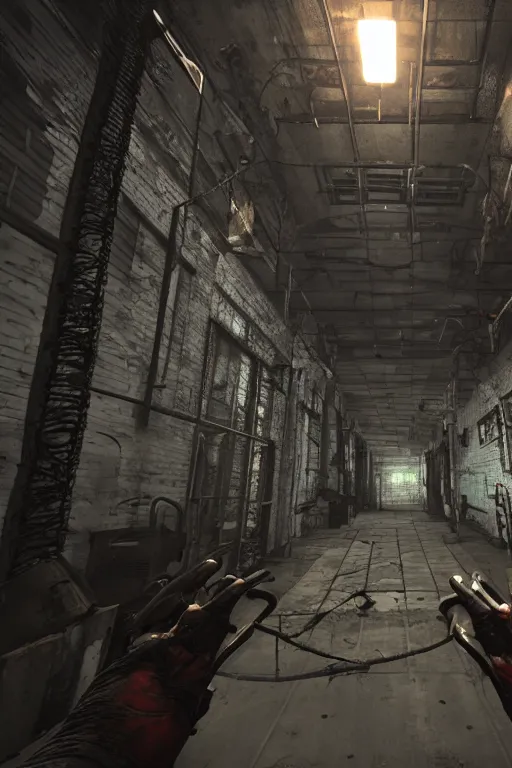 Prompt: screenshot from horror fps, biomechanical first person weapon, dilapidated factory level, unreal engine, had 8 k