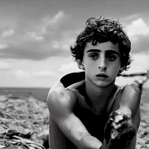 Image similar to timothee chalamet plays ralph in lord of the flies ( 1 9 6 3 ), 3 5 mm black and white, highly detailed, cinematic lighting