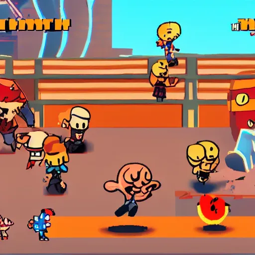 Image similar to among us game character fighting a fall guys