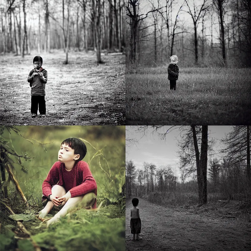 Prompt: A sad child, near forest, outdoors, photograph, f2.8, dramatic, award-winning, large format