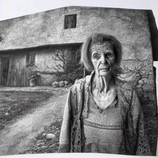 Prompt: portrait of scarry old granny, photorealism, village 1976, bw, high detailed, horror