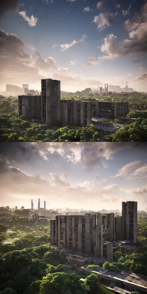 Prompt: brutalist architecture by Le Corbusier, high magnificent abandoned buildings, surrounded by lush green vegetation, stunning volumetric lighting, sunset, solid concrete, stunning skies, trending on Artstation, 8k, photorealistic, hyper detailed, unreal engine 5, IMAX quality, cinematic, epic lighting, in the style of DOOM and Quake and Greg Rutkowski
