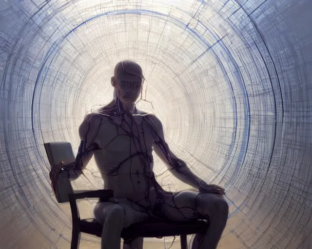 Image similar to a hyperrealistic painting of a human cyborg sitting in a chair with limbs stretched out, tied with electrical cables connected to supercomputers, flood of images flowing from his head, tesseract, vitruvian man, by greg rutkowski and artgerm, trending on artstation, concept art, insane details, zoomed out