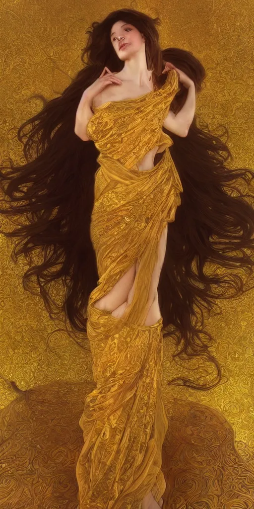 Image similar to ultra realistic illustration studio of a beautiful elegant girl in an artistic pose covered in golden silk cloths, intricate, elegant, highly detailed, digital painting, artstation, concept art, smooth, sharp focus, illustration, art by artgerm and greg rutkowski and alphonse mucha by klimt