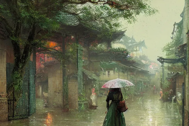 Prompt: a beautiful picture of rainy day, old yards covered with green and spots blooming, a girl in hanfu, by greg rutkowski and thomas kinkade, trending on artstation