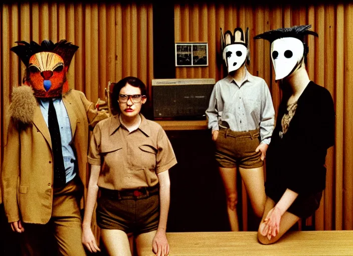 Image similar to realistic photo portrait of the team, brown mustard cotton fluffy shorts, crow mask face, wooden polished and fancy expensive wooden science laboratory hall interior 1 9 9 0, life magazine reportage photo, twin peaks by david lynch