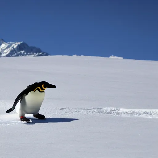 Prompt: penguin skiing on snow, snowy mountain background, snowing