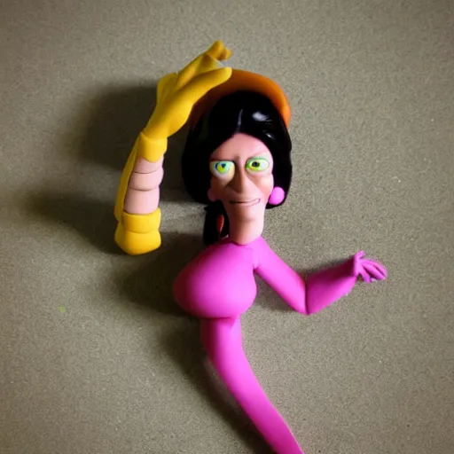 Image similar to clay model of leela from futurama. cyclops, purple - haired woman.