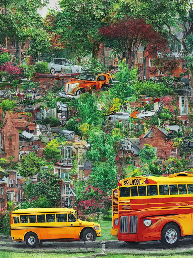 Prompt: a school bus turned home parked in a garden, digital art, hyper-detailed