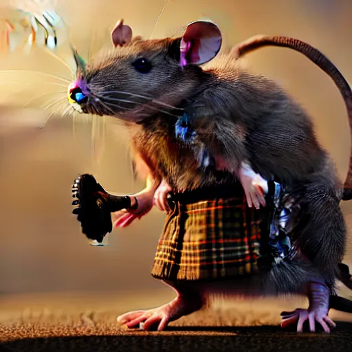 Prompt: a rat creature in a scottish kilt, holds a bagpipe, by greg rutkowski, design for magic the gathering, highly detailed, octane render, 4 k