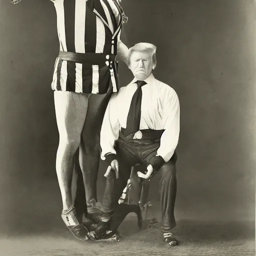 Image similar to donald trump as a 1800s circus strong man, black and white photo