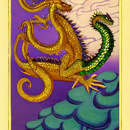 Image similar to beautiful jeweled scaly lizard-headed dragon sitting on top of treasure, by Nicholas Roerich and Warwick Goble, iridescent scales, sinuous dragon body, clawed feet, long spiked tail,dramatic lighting, featured on artstation W 768