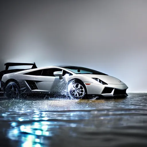 Prompt: lamborghini gallardo slowly sinking into water with lights shining through pristine abandoned