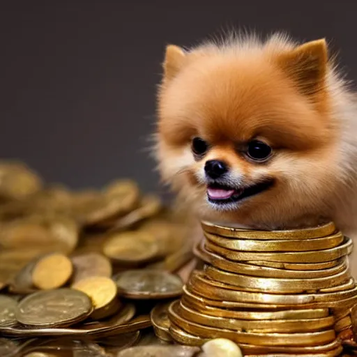 Image similar to A tan pomeranian wearing a top-hat, sitting on top of a large pile of gold coins