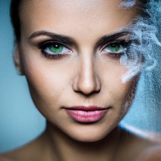 Prompt: The face of a beautiful woman as steam on a window, high definition photography, professional