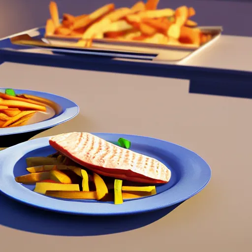 Prompt: Michelin star restaurant, plates with fries and fish, krill waitress, 4k, photorealism, highly detailed