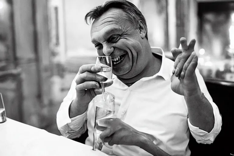 Prompt: viktor orban drinking champagne smoking cigar laughing hard by peter lindbergh