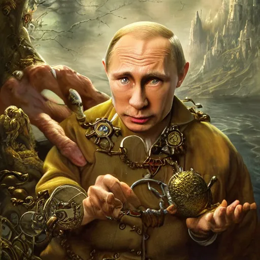 Image similar to Putin as Mystical Gollum, Realistic, Regal, Refined, Detailed Digital Art, Michael Cheval, Walt Disney (1937), François Boucher, Oil Painting, Steampunk, Highly Detailed, Cinematic Lighting, Unreal Engine, 8k