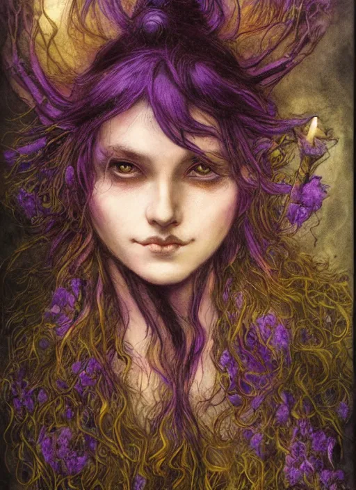 Image similar to portrait of young female sorceress of the endtimes, transluscent skin, lavender hair, beautiful! coherent! dungeons and dragons character, by brian froud, strong line, cool night color, high contrast