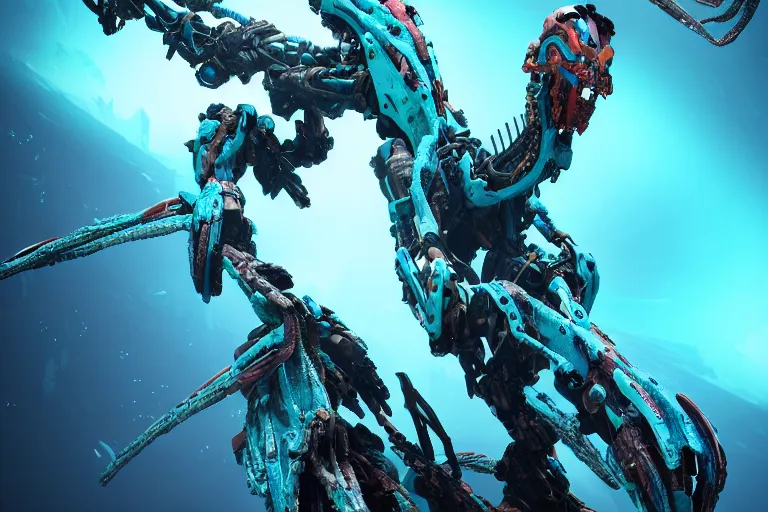 Image similar to portrait of a posed hyper detailed cyan bristleback evangelion realistic mechanical and fleshy organic creature similar look as horizon forbidden west horizon zero dawn, bioluminiscence in a dark deep forest at dawn in spring, with reflection and textures, by kilian eng, substance painter reaslitic mech surface metal painted scratches, horizon forbidden west world