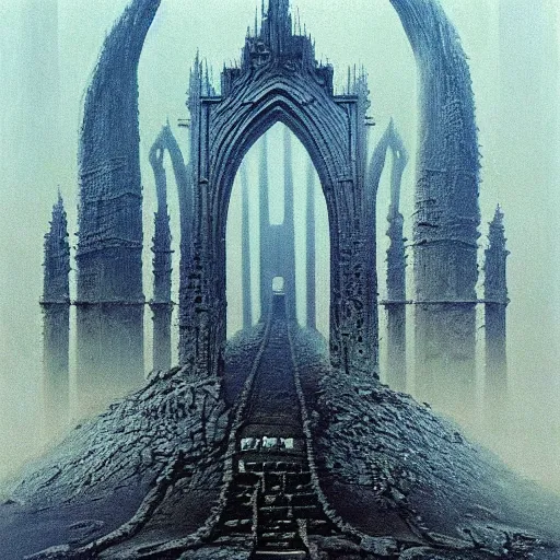 Prompt: explosion bridge, ruins, dark fantasy, arch bridge, neogothic architecture, symmetry, poster design, zdzisław beksiński, hr giger, occult mystical symbols in real life, high detail, blue fog