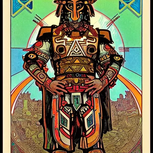 Image similar to aztec power armor, by alphonse mucha