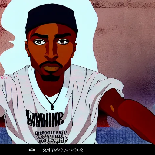 Image similar to Tupac Shakur, screenshot from a 2012s anime