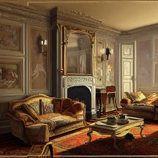 Image similar to interior of a living room, victorian style, photorealist, 4 k