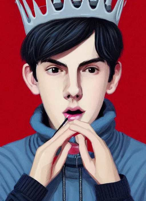 Image similar to portrait of teenage jughead jones wearing a light grey crown, crown, eating hamburger, blue turtleneck, eyes closed, crown, black hair, intricate, elegant, glowing lights, warm lighting, highly detailed, digital painting, artstation, concept art, smooth, sharp focus, illustration, art by wlop, mars ravelo and greg rutkowski