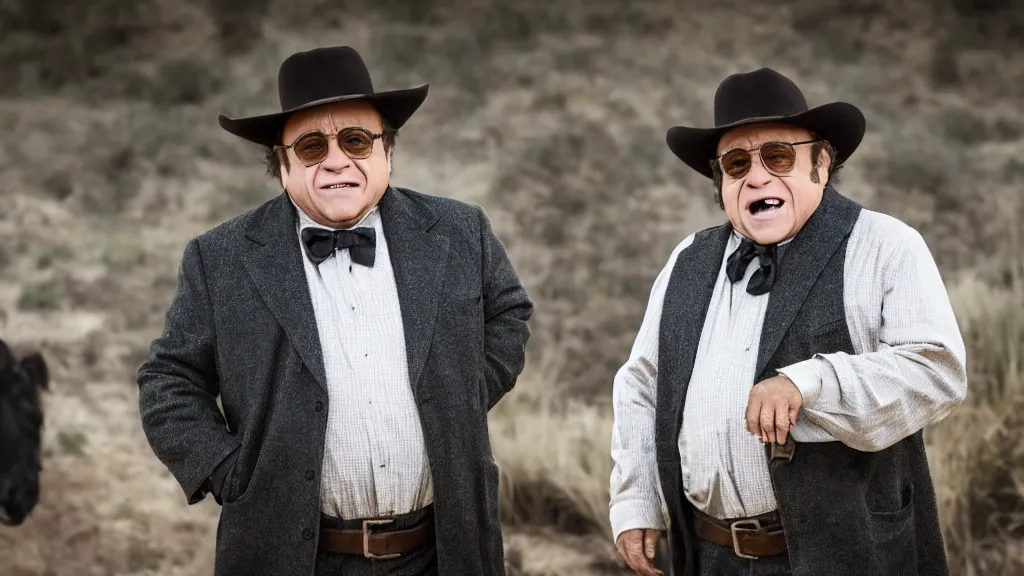 Image similar to still image of danny devito in an episode of westworld, cinematic, 4 0 mm f / 2. 8