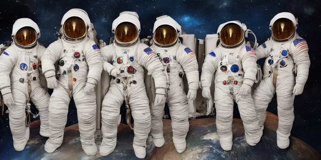 Image similar to Group photo of various animals in spacesuits before going to space. Highly detailed picture.