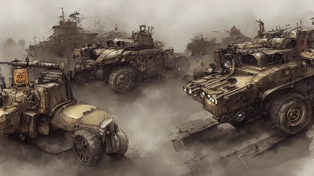 Image similar to overview of dieselpunk vehicles, watercolored, jakub rozalski, dark colours, dieselpunk, artstation