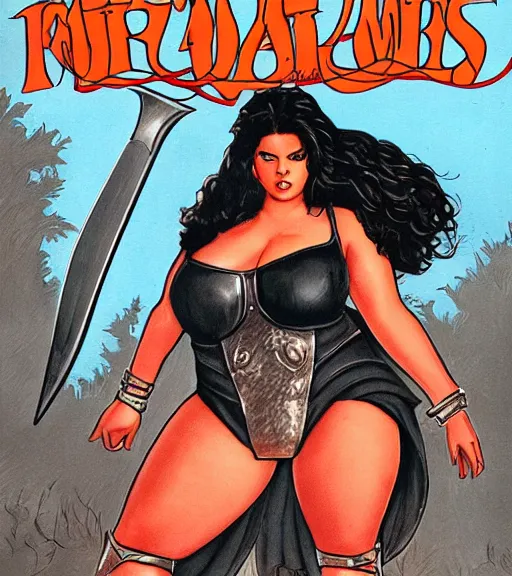 Prompt: 1 9 8 0 s fantasy novel book cover, bbw plus size amazonian selena gomez in extremely tight bikini armor wielding a cartoonishly large sword, exaggerated body features, dark and smoky background, low quality print