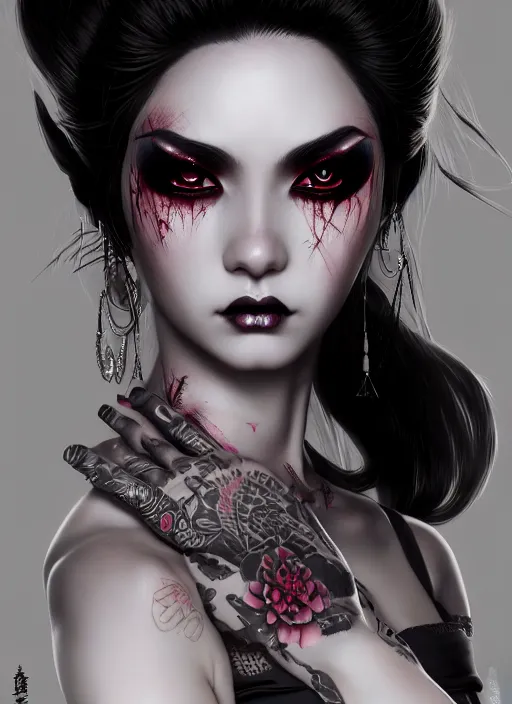 Image similar to soft lustrous ebony geisha seductive yakuza gothic gutter punk, urban decay dark fantasy, dark art, highly detailed, digital painting, octane render, artstation, concept art, smooth, sharp focus, illustration, art by artgerm, loish, wlop