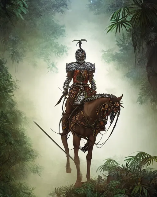 Prompt: ultra realistic illustration of a spanish conquistador wearing ornate armor in a dense foggy jungle environment by artgerm and miyazaki, octane, studio ghibli color scheme, intricate, portrait, anatomy, artstation, cinematic lighting, sharp focus