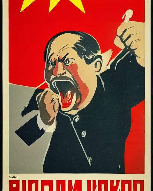 Image similar to soviet propaganda poster of an angry communist developer yelling at his computer