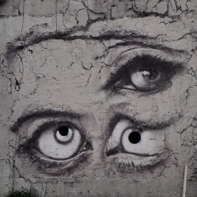Prompt: Street-art painting of eyes in style of JR, photorealism