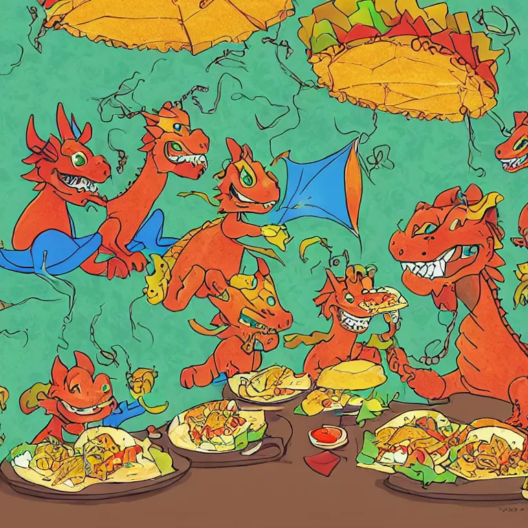 Image similar to dragons eating tacos, childrens book illustration