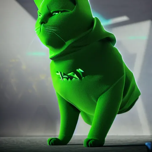 Image similar to a hacker cat, green hoodie accomplished look, dark background, shadows, portrait, fantasy, matte painting, bold shapes, hard edges, octane render, unreal engine