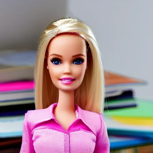 Image similar to a tired!!!!! and sad!!!!! looking barbie doll sits at a desk in her office. she is surrounded by towers!!!! of loose papers!!!!!. her head is resting on her hand, photorealistic,