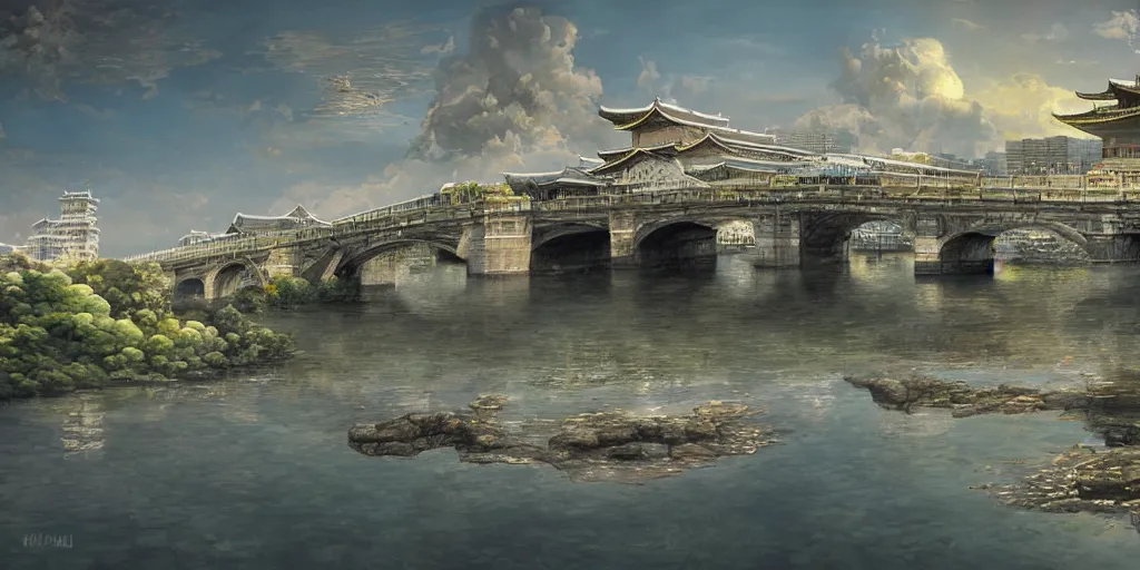 Prompt: Imperial Palace and Nijubashi Bridge, water, reflection, stone bridge, art by Yohann Schepacz, art by Gediminas Pranckevicius, art by Esao Andrews
