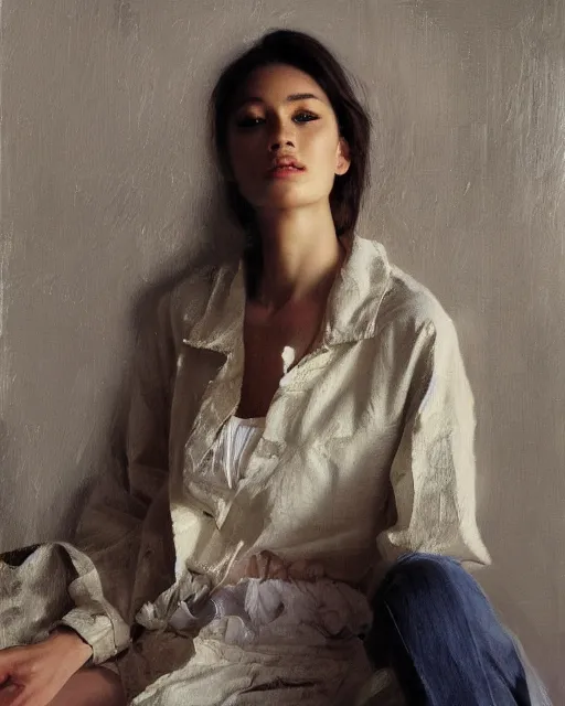 Prompt: a ultradetailed beautiful panting of a stylish woman sitting on the floor in a tiled room, she is wearing an oversized jacket, night time, highly detailed face, oil painting, by ruan jia