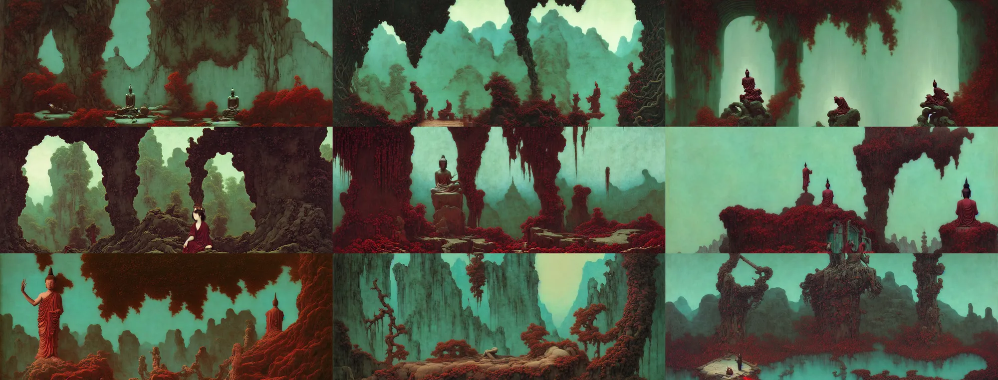 Image similar to a gorgeous bleak autumn painting by barlowe wayne, maxfield parrish, gustave dore and marco mazzoni. close - up shot on a lonely huge wet chinese buddha statue, broken, stone gate to the dark cave, vines. tiffany blue, maroon, blackish green. the winding stone steps. ultra clear detailed. 3 d, octane render. turbulent blood lake.
